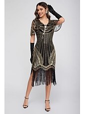 preiswerte 1920er Kleider-Goldene Zwanziger 1920er Knielang Flapper Kleid Kurze Ärmel Der große Gatsby Pailletten Fransen V Ausschnitt Kostüm Damen Weihnachten Karneval Flüsterkneipe Maskerade Retro-Mottoparty Erwachsene