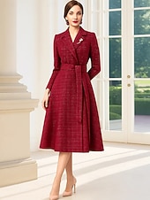 رخيصةأون طول الشاي-فستان حفلة شاي بطول A-Line، فستان كوكتيل، فستان ضيوف الزفاف، فستان والدة العروس، فستان بأكمام طويلة، ياقة على شكل V، أنيق، عتيق، حفلة رسمية مع الترتر