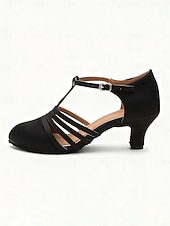 abordables Années 1920 &amp; Ère Gatsby-Chaussures de danse latine noires en satin pour femmes - chaussures professionnelles de tango et salsa de salon, avec bride en T et petits talons, idéales pour la scène ou l'entraînement.