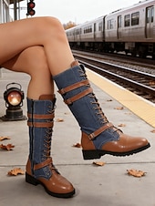 halpa Maihinnousukengät-naisten nauhalliset polvipituiset saappaat - ruskeat keinonahkaiset maiharit soljilla, vintage-ratsastustyyliset jalkineet syksyyn ja talveen