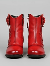 رخيصةأون جزمة الكاحل-حذاء نسائي من الجلد الأحمر بكعب متوسط وتطريز زهور - حذاء قصير كلاسيكي بكعب متوسط للملابس الكاجوال والأنيقة