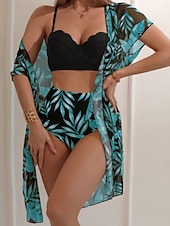 abordables Ensemble bikini 3 pièces-Maillot de bain bikini 3 pièces pour femmes palmiers culottes slim dos nu vacances vêtements de plage feuilles décolleté en V sans manches maillots de bain