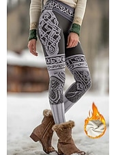 ieftine Imprimare viking-Legginguri fleece căptușite pentru femei Viking Boho Vacanță Vintage Stil etnic Lungime întreagă Talie înaltă Model geometric Print 3D Termic Cald Antivânt Confortabil Elastic Acasă Zilnic Galben Mov
