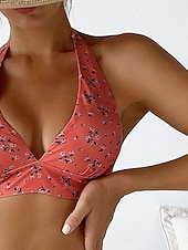 tanie 3-częściowy zestaw bikini-Strój Kąpielowy Damski Bikini 3 Częściowy Z Spódnicą Smukły Bez Pleców Letni Strój Plażowy Kwiatowy Sznurek Bez Rękawów