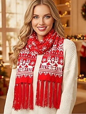 abordables Foulards pour femmes-Écharpe de Noël tricotée pour femme, en acrylique, motif jacquard rouge et blanc avec rennes et flocons de neige, accessoire festif d'hiver pour les fêtes de fin d'année