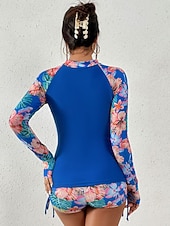 baratos Tankinis-Maiô Tankini Feminino 2 Peças Short Controle de Barriga Cintura Alta Slim Costas Descobertas Roupas de Praia de Férias Floral Folhas Decote Alto Com Mangas Longas