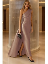 cheap Ball Gown Evening Dresses-Mermaid Trumpet Floor Length Evening Gown Elegant Glittering Celebrity Style Sleeveless One Shoulder Garden Party Wedding Satin with Pleats Ruched Overskirt