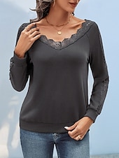 abordables T-shirt uni-Femmes Chemisier Dentelle Patchwork Uni Actif Occasionnel manche longue Col en V Hauts Réguliers Quotidien Fête Sortir Vert Emeraude Gris foncé Été Automne