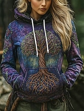 billige Kunst og design topper-Dame Pullover hettegenser-genser Grafisk Geometrisk Abstrakt Varm Årgang Fritid Langermet Med hette Vanlige topper Gate Hverdag Avslappet Trykt mønster Lomme foran Blå Grønn Høst Vinter