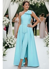 billige Mammas jumpsuits-Jumpsuit / Pantsuit Gulvlengde Overskjørtkjole Kjole til brudens mor Ermeløs Enskuldret Elegant Minimalistisk Formell Bryllupsgjest Sateng med Sløyfe(r)