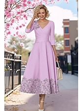 cheap Ankle Length-A-Line Dress Tea Length Beaded Eembroidered Party Dress Cocktail Dress Mother of the Bride Dress 3/4 Length Sleeve V Neck Elegant Simple Formal Satin with Lace Ruched Sequin