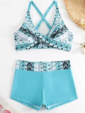 cheap Tankinis-Women's Swimwear 2 Piece Shorts Swimsuit Backless Vacation Beach Wear Geometic V Neck Sleeveless Bathing Suits