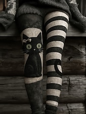 abordables Animales Impresión-Mujer Leggings Vacaciones Moda Vintage Largo Completo Cintura Alta Gráfico Gato Impresión Abstracta Térmica Cálida Suave Transpirable Elástico Formal Exterior Vacaciones Blanco y Negro Negro Gris