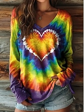 preiswerte Kunst &amp; Design T-Shirt-Neujahr Damen T Shirt Druck Ombre Grafik Vintage Mode Stilvoll Langarm V Ausschnitt Normale Oberteile Täglich Gelb Rosa Rote Orange Gold Sommer Frühling Herbst
