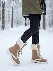 abordables Bottes de neige et d'hiver-Bottes d'hiver à lacets doublées de fausse fourrure pour femmes - bottes de neige chaudes en daim avec semelle antidérapante pour temps froid et activités de plein air