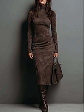 baratos Vestido Listrado e Geométrico-Mulheres Vestido midi Vestido da bainha Férias Casual Boho Diário Encontro Delgado Tecido Manga Longa Gola Alta Marron Escuro Castanho Claro Cinzento Outono Inverno