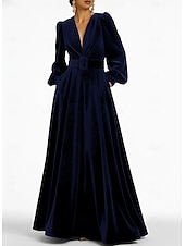 economico Abiti da Sera a Linea A-Abito da sera A-Line rosso nero blu in velluto elegante formale per matrimonio autunnale lungo fino al pavimento con maniche lunghe scollo a V tasca con spacco tasca