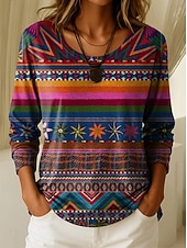 halpa Boho t-paita-Naisten T-paita Painettu Kuvitettu Geometrinen Kasvit Vintage Tyylikäs Vapaa-aika Pitkähihainen Tiukka pyöreä kaula-aukko Tavalliset topit Päivittäin Viikonloppu Sininen Punastuvan vaaleanpunainen