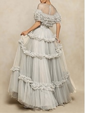  A-Line Floor Length Prom Dresses Elegant Short Sleeve Jewel Neck Formal Tulle with Pleats Ruffles