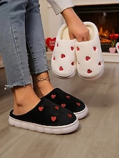 cheap Valentine's Day-Women's White Plush Fleece Slippers with Red Heart Embroidery – Warm Fluffy Thick Sole House Shoes for Bedroom, Valentine's Day &amp; Gifts