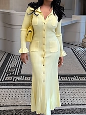 economico Abiti in maglia-Per donna Abito maxi Tubino Casual Quotidiano Vestibilità regolare Semplice Manica Lunga Collo a V Nero Bianco Giallo Primavera Autunno Inverno