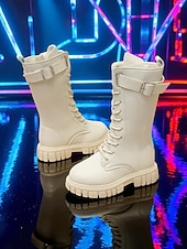 tanie Kozaki dziecięce-Buty dla dzieci w stylu koreańskiej gwiazdy popu inspirowane idolką - białe skórzane buty bojowe z paskiem na klamrę, idealne na występy, imprezy i do modnych stylizacji