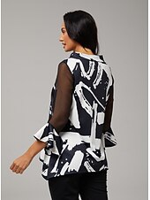 ieftine cămăși, topuri și bluze-Bluză de damă neagră cu imprimeu floral, șifon elastic, mâneci scurte, decolteu tip bateau, casual, confortabil, primăvară, vară, toamnă, vacanță