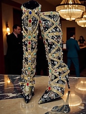 ieftine Cizme de modă-Cizme stiletto pentru femei, decorate cu pietre prețioase colorate și detalii aurii, cizme de lux la modă pentru petreceri de seară și ocazii speciale