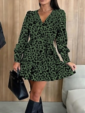 economico Abiti Floreali Stampati-Per donna Mini Abito Vestito Casual Abito Stampato Elegante Moda Moderno Quotidiano Ferie Uscire Vestibilità regolare Leopardo Manica Lunga Scollo a V Blu Leopardo Rosso Verde Estate