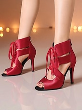 abordables Zapatos de baile latino-Zapatos de tacón de satén con cordones para baile latino de mujer - zapatos profesionales de salón de baile con punta abierta para bailarinas