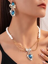 levne Dámský náhrdelník-dámská perla &amp;Sada modrých krystalových šperků - elegantní náhrdelník a visací náušnice s mašlí na večírky a večerní události &amp;zvláštní příležitosti