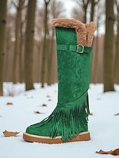 abordables Snow &amp; Winter Boots-Women's Green Fringe Faux Suede Snow Boots with Fur Lining – Stylish Knee-High Winter Boots Footwear for Cold Weather, Snow and Outdoor Adventures