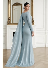 baratos Ball Gown Evening Dresses-Sheath Column Floor Length Evening Gown Ball Gown with Overskirt Formal Dress Elegant Glittering Sparkle Long Sleeve V Neck Wedding Formal Capes Lurex Fabric with Glitter Embroidery