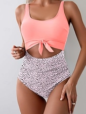 preiswerte Einteilige Badeanzüge-Damen Einteiler Badeanzug Sexy Cutout Monokini Bauchkontrolle Hohe Taille Slim Rückenfrei Urlaub Strandbekleidung Polka Dot Farbblock U-Ausschnitt Ärmellose Bademode