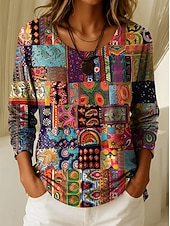 preiswerte Boho-T-Shirt-Damen T Shirt Druck Grafik Geometrisch Pflanzen Vintage Stilvoll Lässig Langarm Rundhalsausschnitt Normale Oberteile Täglich Wochenende Blau Schwarz Wein Purpur Frühling Herbst Winter