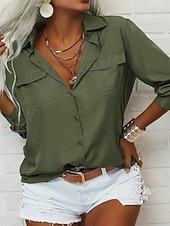 baratos Blusas Simples-Mulheres Blusa Tops elegantes Franzido Bolsos Botões Côr Sólida Tecido Elegante Vintage senhoras Manga Longa Colarinho de Camisa Tops regulares Diário Trabalho Feriado Verde Preto Rosa Verde Tropa