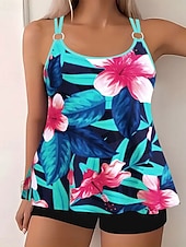 abordables Tankinis-Femmes Maillots de Bain 2 pièces Shorts Maillot de bain Dos nu Vacances Tenues de plage Fleuri Graphique Col rond Sans manches Maillots de bain