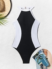 رخيصةأون مايوه قطعة واحدة-سترة سباحة نسائية قطعة واحدة مونوكيني بريفز تحكم في البطن خصر عالٍ نحيف أنيقة إجازة بلون صلب عنق خفيفة بلا أكمام سوتيات سباحة