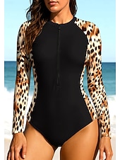 baratos Rash Guards de Uma Peça-Mulheres Segunda-pele para Mergulho Roupa de banho Conjunto de maiô Leopardo Zip Up UPF50+ Secagem Rápida Leve Manga Longa Camisa de Natação Surfe Praia Esportes Aquáticos Verão