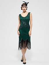 preiswerte 1920er Kleider-Set Goldene Zwanziger 1920er Knielang Kleid Flapper Kleid Outfits mit Zubehör Ärmellos Der große Gatsby Charleston Pailletten Quastenfransen Feder V Ausschnitt Kostüm Damen Karneval Neujahr Maskerade