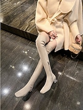 お買い得  ファッションブーツ-ラインストーンブロックヒール、ジッパー開閉、冬や夜のお出かけにぴったりのスタイリッシュでエレガントなレディースニーハイスエードブーツ。