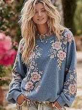 voordelige Bloemen Hoodies-Dames Trui-sweatshirt Bloemig Casual Lange mouw Strakke ronde hals Normale tops Casual Straat Dagelijks gebruik blauw Lente Herfst Winter