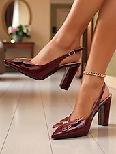 Χαμηλού Κόστους Σλινγκμπακ Πάμπς-Γυναικεία μπορντό ψηλοτάκουνα πέδιλα με slingback και φιόγκο - γόβες με μυτερή μύτη για γραφείο, ραντεβού και ειδικές περιστάσεις