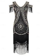 abordables Vestidos de los años 20-Conjunto Rugido 20s 1920s Hasta la Rodilla Vestidos Vestido Flapper Accesorios con accesorios Hombro frío Mangas cortas El gran Gatsby charlestón Lentejuelas Borlas Pluma Escote en Pico Disfraz Mujer