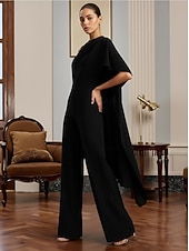 preiswerte Overalls für Mütter-Overalls Bodenlang Brautmutterkleid Ärmellos Rundhalsausschnitt Elegant Einfach Formell Hochzeitsgast Stretchstoff mit Einfarbig