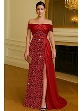 abordables Ball Gown Evening Dresses-A-Line Floor Length Beaded Eembroidered Formal Dresses Mother of the Bride Dress Evening Gown Ball Gown with Overskirt Elegant High Split Sleeveless Off Shoulder Wedding Formal Satin Lace with Ruched