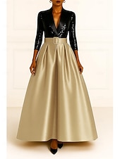 cheap Tuxedo Dresses-Tuxedo Dress Black Sequin Dress Formal Wedding Wedding Guest Satin A-line Dress Elegant 3/4 Sleeve Pleated Floor Length Peaked Lapel Hidden