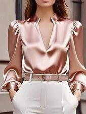 voordelige Chique Blouses-Dames Overhemd Elegant Chic satijnen top Met ruches Effen Stijlvol Lange mouw V-hals Normale tops Werk Feestdagen Uitgaan Zwart Wit Blozend Roze Lente Herfst
