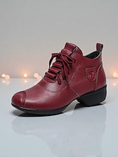 abordables Zapatos de jazz-Zapatos de baile de piel color burdeos para mujer: cómodos tacones con cordones para la práctica de bailes de salón, latinos y jazz.