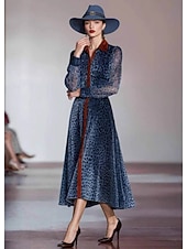 ieftine Rochie Artă și Design-Pentru femei Rochii Midi Rochie A line Gril pe Kamado Rochii Semi Formale Kentucky Derby Birou Zilnic Fit regulat Buline Manșon Lung Guler Cămașă Albastru piscină Primăvară Toamnă Iarnă